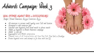 Adwords Campaign: Week 3
Budget | Brand Awareness: $15.92 Conversion: $5.31
● Ad extensions to increase rank/ quality score: Call and location
● Attempted to add conversion goal
● Switched some keywords from broad match to phrase match
● Added 47 keywords to Brand Awareness campaign
● Added 5 new ads
● Experimented with Mobile optimization
● Changed status of all location/service ads from New York, New York to Brooklyn.
● Browse keyword errors and attempt to fix those with low QS
GOAL: OPTIMIZE AGAINST WEEK 2 SUCCESS/FAILURES
 