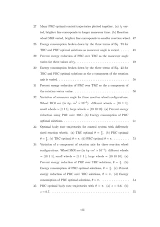 27 Many PRC optimal control trajectories plotted together. (a) tf var-
ied, brighter line corresponds to longer maneuver time. (b) Reaction
wheel MOI varied, brighter line corresponds to smaller reaction wheel. 47
28 Energy consumption broken down by the three terms of Eq. 23 for
TRC and PRC optimal solutions as maneuver angle is varied. . . . . 48
29 Percent energy reduction of PRC over TRC as the maneuver angle
varies for three values of tf . . . . . . . . . . . . . . . . . . . . . . . . 49
30 Energy consumption broken down by the three terms of Eq. 23 for
TRC and PRC optimal solutions as the z component of the rotation
axis is varied. . . . . . . . . . . . . . . . . . . . . . . . . . . . . . . . 50
31 Percent energy reduction of PRC over TRC as the z component of
the rotation vector varies. . . . . . . . . . . . . . . . . . . . . . . . . 50
32 Variation of maneuver angle for three reaction wheel conﬁgurations.
Wheel MOI are (in kg · m2 × 10−5): diﬀerent wheels = [10 1 1],
small wheels = [1 1 1], large wheels = [10 10 10]. (a) Percent energy
reduction using PRC over TRC. (b) Energy consumption of PRC
optimal solutions. . . . . . . . . . . . . . . . . . . . . . . . . . . . . . 51
33 Optimal body rate trajectories for control system with diﬀerently
sized reaction wheels. (a) TRC optimal θ = π
2 . (b) PRC optimal
θ = π
2 . (c) TRC optimal θ = π. (d) PRC optimal θ = π. . . . . . . . 53
34 Variation of z component of rotation axis for three reaction wheel
conﬁgurations. Wheel MOI are (in kg · m2 × 10−5): diﬀerent wheels
= [10 1 1], small wheels = [1 1 1 ], large wheels = [10 10 10]. (a)
Percent energy reduction of PRC over TRC solutions, θ = π
2 . (b)
Energy consumption of PRC optimal solutions, θ = π
2 . (c) Percent
energy reduction of PRC over TRC solutions, θ = π. (d) Energy
consumption of PRC optimal solutions, θ = π. . . . . . . . . . . . . 54
35 PRC optimal body rate trajectories with θ = π. (a) z = 0.6. (b)
z = 0.7. . . . . . . . . . . . . . . . . . . . . . . . . . . . . . . . . . . 55
viii
 