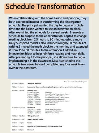 Schedule Transformation
When collaborating with the home liaison and principal, they
both expressed interest in transforming the kindergarten
schedule. The principal wanted the day to begin with circle
time and the liaison wanted to see an intervention block.
After examining the schedule for several weeks, I rewrote a
schedule to propose to the administration. I opted to change
reading block from 2.5 hours to 90 minutes, using a more
Daily 5-inspired model. I also included roughly 30 minutes of
writing. I moved the math block to the morning and extended
it from 35 to 60 minutes. In the afternoon, I added an
intervention block to help reinforce reading and math skills.
After presenting it to the principal, she allowed me to begin
implementing it in the classroom. Miss J switched to this
schedule two weeks before I completed my four week take-
over in the classroom.
 