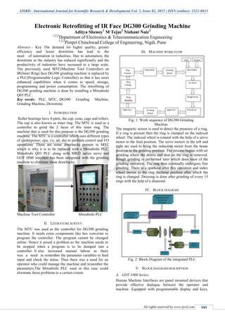 IJSRD - International Journal for Scientific Research & Development| Vol. 3, Issue 02, 2015 | ISSN (online): 2321-0613
All rights reserved by www.ijsrd.com 989
Electronic Retrofitting of IR Face DG300 Grinding Machine
Aditya Shenoy1
M Tejas2
Nishant Nair3
1,2,3
Department of Electronics & Telecommunication Engineering
1,2,3
Pimpri Chinchwad College of Engineering, Nigdi, Pune
Abstract— Key The demand for higher quality, greater
efficiency and lesser downtime has lead to the
need of automation in industries. Due to automation, the
downtime in the industry has reduced significantly and the
productivity of industries have increased to a large scale.
The previously used MTC(Machine Tool Controller) on
IR(Inner Ring) face DG300 grinding machine is replaced by
a PLC(Programmable Logic Controller) so that it has more
enhanced capabilities when it comes to speed, storage,
programming and power consumption. The retrofitting of
DG300 grinding machine is done by installing a Mitsubishi
Q03 PLC.
Key words: PLC, MTC, DG300 Grinding Machine,
Grinding Machine, Downtime
I. INTRODUCTION
Roller bearings have 4 parts, the cup, cone, cage and rollers.
The cup is also known as inner ring. The MTC is used as a
controller to grind the 2 faces of this inner ring. The
machine that is used for this purpose is the DG300 grinding
machine. The MTC is a controller which uses different types
of cards(power, cpu, i/o, ad, da) to perform control and I/O
operations. There are some drawbacks present in MTC
which is why it is to be replaced with a Mitsubishi PLC.
Mitsubishi Q03 PLC along with MRJ3 series servo and
GOT HMI interface has been integrated with the grinding
machine to eliminate these drawbacks.
Machine Tool Controller Mitsubishi PLC
II. LITERATURE SURVEY
The MTC was used as the controller for DG300 grinding
machine. It needs extra components like hex converter to
program the controller. The program cannot be changed
online. Hence it posed a problem as the machine needs to
be stopped when a program is to be dumped into a
controller. It also increased manual labour as there
was a need to remember the parameter variables to feed
input and check the status. Thus there was a need for an
operator who could manage the machine and remember the
parameters.The Mitsubishi PLC used in this case could
eliminate these problems to a certain extent.
III. MACHINE WORK FLOW
Fig. 1: Work sequence of DG300 Grinding
Machine
The magnetic sensor is used to detect the presence of a ring.
If a ring is present then the ring is clamped on the indexed
wheel. The indexed wheel is rotated with the help of a servo
motor to the feed position. The servo motors in the left and
right are used to bring the induction motor from the home
position to the grinding position. The process begins with air
grinding where the debris and dust on the ring is removed.
Rough grinding is performed later which does most of the
grinding operation. The ring then eventually undergoes fine
grinding. There is a sparkout after this operation and index
wheel moves to the ring declamp position after which the
ring is changed .Dressing is done after grinding of every 15
rings with the help of a diamond.
IV. BLOCK DIAGRAM
Fig. 2: Block Diagram of the integrated PLC
V. BLOCK DIAGRAM DESCRIPTION
A. GOT 1000 Series:
Human Machine Interfaces are panel mounted devices that
provide effective dialogue between the operator and
machine .Equipped with programmable display and keys,
 