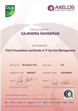 GAJENDRA RAVINDRAN
ITIL® Foundation certiﬁcate in IT Service Management
1
06 October 2015 N/A
AU3336296500203207
Check the authenticity of this certiﬁcate at http://www.bcs.org/eCertCheck
 