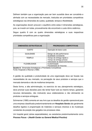 35
Definem também que a organização para ser bem sucedida deve ser concebida e
alinhada com as necessidades de mercado, traduzida em prioridades competitivas
estratégicas nas dimensões de custos, qualidade, tempos e flexibilidade.
As organizações devem procurar o equilíbrio entre estas 4 dimensões estratégicas,
pois, se investir em todas, provavelmente não encontrará o custo ótimo sistêmico.
Segue quadro 6 com as quatro dimensões estratégicas e suas respectivas
prioridades competitivas para a organização:
DIMENSÕES ESTRATÉGICAS PRIORIDADES COMPETITIVAS
CUSTO Operação de baixo custo
QUALIDADE Design de alta performance
Qualidade consistente
TEMPLO Tempo de entrega rápido e
Tempo de entrega preciso
Velocidade de desenvolvimentos
FLEXIBILIDADE Customização
Flexibilidade de Volumes
Quadro 6. Dimensões Estratégicas x Prioridades Competitivas
Fonte: Krajewski e Ritzman (1996)
A gestão da qualidade e produtividade de uma organização deve ser focada nas
necessidades de seu mercado, na percepção de seus produtos e serviços que o
mercado demanda e não de modismos temporais.
Desta forma, a alta administração, no exercício do seu planejamento estratégico,
deve priorizar suas decisões para não tentar fazer tudo ao mesmo tempo, gastando
recursos demasiados, não motivando seus colaboradores e não otimizando os
produtos e serviços entregues.
Schmenner (1990) comenta em seu livro que os desafios de gestão operacional para
uma empresa classificada predominantemente em Hospitais Gerais são geralmente
desafios ligados à programação de materiais e serviços diversos e às mudanças
constantes da posição dos gargalos nos processos vitais.
Um hospital geral (várias especialidades), se caracteriza predominantemente como
Process Focus – (Health Center ou General Medical Practice)
 