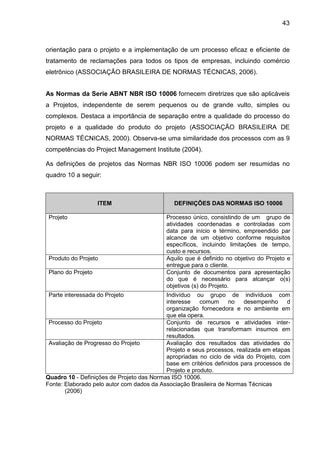 43
orientação para o projeto e a implementação de um processo eficaz e eficiente de
tratamento de reclamações para todos os tipos de empresas, incluindo comércio
eletrônico (ASSOCIAÇÃO BRASILEIRA DE NORMAS TÉCNICAS, 2006).
As Normas da Serie ABNT NBR ISO 10006 fornecem diretrizes que são aplicáveis
a Projetos, independente de serem pequenos ou de grande vulto, simples ou
complexos. Destaca a importância de separação entre a qualidade do processo do
projeto e a qualidade do produto do projeto (ASSOCIAÇÃO BRASILEIRA DE
NORMAS TÉCNICAS, 2000). Observa-se uma similaridade dos processos com as 9
competências do Project Management Institute (2004).
As definições de projetos das Normas NBR ISO 10006 podem ser resumidas no
quadro 10 a seguir:
ITEM DEFINIÇÕES DAS NORMAS ISO 10006
Projeto Processo único, consistindo de um grupo de
atividades coordenadas e controladas com
data para início e término, empreendido par
alcance de um objetivo conforme requisitos
específicos, incluindo limitações de tempo,
custo e recursos.
Produto do Projeto Aquilo que é definido no objetivo do Projeto e
entregue para o cliente.
Plano do Projeto Conjunto de documentos para apresentação
do que é necessário para alcançar o(s)
objetivos (s) do Projeto.
Parte interessada do Projeto Indivíduo ou grupo de indivíduos com
interesse comum no desempenho d
organização fornecedora e no ambiente em
que ela opera.
Processo do Projeto Conjunto de recursos e atividades inter-
relacionadas que transformam insumos em
resultados.
Avaliação de Progresso do Projeto Avaliação dos resultados das atividades do
Projeto e seus processos, realizada em etapas
apropriadas no ciclo de vida do Projeto, com
base em critérios definidos para processos de
Projeto e produto.
Quadro 10 - Definições de Projeto das Normas ISO 10006.
Fonte: Elaborado pelo autor com dados da Associação Brasileira de Normas Técnicas
(2006)
 