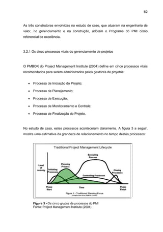 62
As três construtoras envolvidas no estudo de caso, que atuaram na engenharia de
valor, no gerenciamento e na construção, adotam o Programa do PMI como
referencial de excelência.
3.2.1 Os cinco processos vitais do gerenciamento de projetos
O PMBOK do Project Management Institute (2004) define em cinco processos vitais
recomendados para serem administrados pelos gestores de projetos:
• Processo de Iniciação do Projeto;
• Processo de Planejamento;
• Processo de Execução;
• Processo de Monitoramento e Controle;
• Processo de Finalização do Projeto.
No estudo de caso, estes processos aconteceram claramente. A figura 3 a seguir,
mostra uma estimativa da grandeza de relacionamento no tempo destes processos:
Figura 3 - Os cinco grupos de processos do PMI
Fonte: Project Management Institute (2004)
 