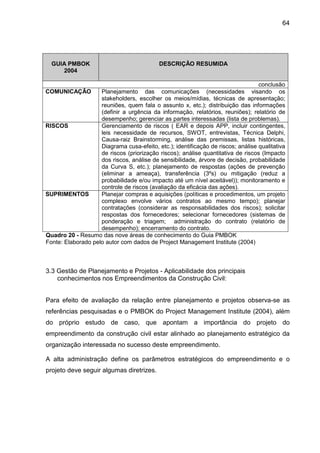 64
GUIA PMBOK
2004
DESCRIÇÃO RESUMIDA
conclusão
COMUNICAÇÃO Planejamento das comunicações (necessidades visando os
stakeholders, escolher os meios/mídias, técnicas de apresentação;
reuniões, quem fala o assunto x, etc.); distribuição das informações
(definir a urgência da informação, relatórios, reuniões); relatório de
desempenho; gerenciar as partes interessadas (lista de problemas).
RISCOS Gerenciamento de riscos ( EAR e depois APP, incluir contingentes,
leis necessidade de recursos, SWOT, entrevistas, Técnica Delphi,
Causa-raiz Brainstorming, análise das premissas, listas históricas,
Diagrama cusa-efeito, etc.); identificação de riscos; análise qualitativa
de riscos (priorização riscos); análise quantitativa de riscos (Impacto
dos riscos, análise de sensibilidade, árvore de decisão, probabilidade
da Curva S, etc.); planejamento de respostas (ações de prevenção
(eliminar a ameaça), transferência (3ºs) ou mitigação (reduz a
probabilidade e/ou impacto até um nível aceitável)); monitoramento e
controle de riscos (avaliação da eficácia das ações).
SUPRIMENTOS Planejar compras e aquisições (políticas e procedimentos, um projeto
complexo envolve vários contratos ao mesmo tempo); planejar
contratações (considerar as responsabilidades dos riscos); solicitar
respostas dos fornecedores; selecionar fornecedores (sistemas de
ponderação e triagem; administração do contrato (relatório de
desempenho); encerramento do contrato.
Quadro 20 - Resumo das nove áreas de conhecimento do Guia PMBOK
Fonte: Elaborado pelo autor com dados de Project Management Institute (2004)
3.3 Gestão de Planejamento e Projetos - Aplicabilidade dos principais
conhecimentos nos Empreendimentos da Construção Civil:
Para efeito de avaliação da relação entre planejamento e projetos observa-se as
referências pesquisadas e o PMBOK do Project Management Institute (2004), além
do próprio estudo de caso, que apontam a importância do projeto do
empreendimento da construção civil estar alinhado ao planejamento estratégico da
organização interessada no sucesso deste empreendimento.
A alta administração define os parâmetros estratégicos do empreendimento e o
projeto deve seguir algumas diretrizes.
 