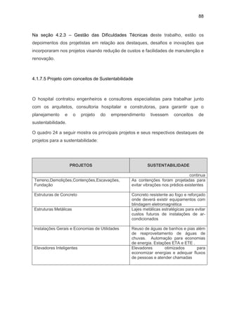 88
Na seção 4.2.3 – Gestão das Dificuldades Técnicas deste trabalho, estão os
depoimentos dos projetistas em relação aos destaques, desafios e inovações que
incorporaram nos projetos visando redução de custos e facilidades de manutenção e
renovação.
4.1.7.5 Projeto com conceitos de Sustentabilidade
O hospital contratou engenheiros e consultores especialistas para trabalhar junto
com os arquitetos, consultoria hospitalar e construtoras, para garantir que o
planejamento e o projeto do empreendimento tivessem conceitos de
sustentabilidade.
O quadro 24 a seguir mostra os principais projetos e seus respectivos destaques de
projetos para a sustentabilidade:
PROJETOS SUSTENTABILIDADE
continua
Terreno,Demolições,Contenções,Escavações,
Fundação
As contenções foram projetadas para
evitar vibrações nos prédios existentes
Estruturas de Concreto Concreto resistente ao fogo e reforçado
onde deverá existir equipamentos com
blindagem eletromagnética
Estruturas Metálicas Lajes metálicas estratégicas para evitar
custos futuros de instalações de ar-
condicionados
Instalações Gerais e Economias de Utilidades Reuso de águas de banhos e pias além
de reaproveitamento de águas de
chuvas. Automação para economias
de energia. Estações ETA e ETE .
Elevadores Inteligentes Elevadores otimizados para
economizar energias e adequar fluxos
de pessoas e atender chamadas
 