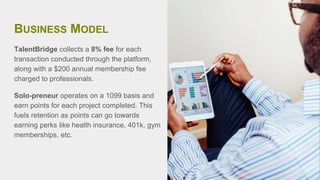 BUSINESS MODEL
TalentBridge collects a 8% fee for each
transaction conducted through the platform,
along with a $200 annual membership fee
charged to professionals.
Solo-preneur operates on a 1099 basis and
earn points for each project completed. This
fuels retention as points can go towards
earning perks like health insurance, 401k, gym
memberships, etc.
 