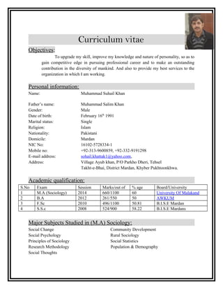 Curriculum vitae
Objectives:
To upgrade my skill, improve my knowledge and nature of personality, so as to
gain competitive edge in pursuing professional career and to make an outstanding
contribution in the diversity of mankind. And also to provide my best services to the
organization in which I am working.
Personal information:
Name: Muhammad Suhail Khan
Father’s name: Muhammad Salim Khan
Gender: Male
Date of birth: February 16th
1991
Marital status: Single
Religion: Islam
Nationality: Pakistani
Domicile: Mardan
NIC No: 16102-5728334-1
Mobile no: +92-313-9600859, +92-332-9191298
E-mail address: sohail.khattak1@yahoo.com,
Address: Village Ayub khan, P/O Parkho Dheri, Tehsel
Takht-e-Bhai, District Mardan, Khyber Pukhtoonkhwa.
Academic qualification:
S.No Exam Session Marks/out of % age Board/University
1 M.A (Sociology) 2014 660/1100 60 University Of Malakand
2 B.A 2012 261/550 50 AWKUM
3 F.Sc 2010 496/1100 50.81 B.I.S.E Mardan
4 S.S.c 2008 524/900 58.22 B.I.S.E Mardans
Major Subjects Studied in (M.A) Sociology:
Social Change Community Development
Social Psychology Rural Sociology
Principles of Sociology Social Statistics
Research Methodology Population & Demography
Social Thoughts
 