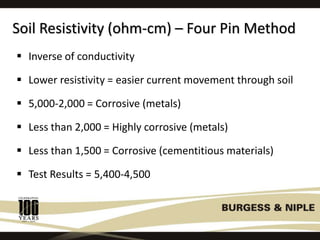 Soil Resistivity (ohm-cm) – Four Pin Method
 Inverse of conductivity
 Lower resistivity = easier current movement through soil
 5,000-2,000 = Corrosive (metals)
 Less than 2,000 = Highly corrosive (metals)
 Less than 1,500 = Corrosive (cementitious materials)
 Test Results = 5,400-4,500
 