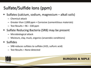 Sulfate/Sulfide Ions (ppm)
 Sulfates (calcium, sodium, magnesium – alkali soils)
– Chemical attack
– Greater than 2,000 ppm = Corrosive (cementitious materials)
– Test Results = 96 – 330 ppm
 Sulfate Reducing Bacteria (SRB) may be present
– Microbiological attack
– Moisture, clay, muck, organics (anaerobic conditions)
 Sulfides
– SRB reduces sulfates to sulfides (H2S, sulfuric acid)
– Test Results = None detected
 