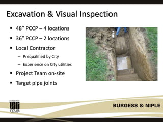 Excavation & Visual Inspection
 48” PCCP – 4 locations
 36” PCCP – 2 locations
 Local Contractor
– Prequalified by City
– Experience on City utilities
 Project Team on-site
 Target pipe joints
 