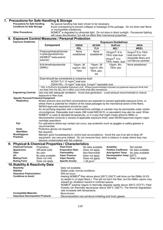 114
Component
Exposure Guidelines
OSHA ACGIH DuPont A HA
A *
Poly(isophthaloylchloride/
m-phenylenediamine)
(NOMEX
®
meta-aramid
polymer)
None
established
None
established
10mg/m3, 8 hr
TWA, total dust
5mg/m3 8 hr
TWA, respir. dust
5mg/m3 8 hr TWA
total dust for non-
respirable fibers and
non-fibrous particles
N,N-dimethylacetamide
(DMAc)
10ppm, 36
mg m3—8hr
10ppm, 36
mg m3—8hr
TWA, skin
4
10ppm, 8hr.
TWA, skin
None established
Dust should be considered a nuisance dust:
ACGIH TLV 10 mg/m
3
total dust
OSHA PEL: 15 mg/m
3
total dust; 5-mg/m
3
respirable dust
* AEL is DuPont's Acceptable Exposure Limit. Where governmentally imposed occupational exposure limits that
are lower than the AEL are in effect, such limits shall take precedence.
7. Precautions for Safe Handling & Storage
Precautions for Safe Handling: No special handling has been shown to be necessary.
Conditions for Safe Storage: Avoid overstacking to prevent collapse or breakage of the package. Do not store near flame
or incompatible substances.
Other Precautions: NOMEX
®
is degraded by ultraviolet light. Do not store in direct sunlight. Fluorescent lighting
will cause discoloration, but will not affect fiber mechanical properties.
8. Exposure Control Measures / Personal Protection
Exposure Guidelines:
Engineering Controls: Use only with adequate ventilation. Avoid dust generation. Local exhaust recommended to reduce
exposure to fiber dust.
Specific Personal Protective Equipment:
Respiratory: Where airborne dust and fibril concentrations are expected to exceed applicable exposure limits, or
where there is potential for irritation of the nasal passages by the mechanical action of the fibers,
NIOSH-approved respirators should be used.
An air-purifying respirator with a dust/mist/fume cartridge or canister may be permissible under certain
circumstances. Disposable dust masks (3M model N95 8210, or equivalent) may also be used. When
NOMEX
®
is used at elevated temperatures, or in a way that might create airborne DMAc or
decomposition products in excess of applicable exposure limits, wear NIOSH-approved organic vapor
cartridge respirators.
Eye: For operations where eye contact can occur, eye protection such as goggles or safety glasses is
recommended.
Hand: Protective gloves not required.
Skin/Other: Not required.
Work/Hygienic
Practices:
Maintain good housekeeping to control dust accumulations. Avoid the use of air jets to blow off
equipment; use vacuums instead. Do not consume food, drink or tobacco in areas where they may
become contaminated with this material.
9. Physical & Chemical Properties / Characteristics
Chemical Formula: Proprietary Flash Point: No data available Solubility: Not soluble
Appearance: Off-white solid Evaporation Rate: Does not apply Partition Coefficient: No data available
Odor: No odor Flammability: Non-flammable Auto-Ignition Temp: No data available
pH: No data available Vapor Pressure: Does not apply Decomposition Temp: 200
o
C
Melting Point:
Boiling Point:
Does not melt
Does not apply
Vapor Density:
Specific Gravity:
Does not apply
1.38 g/cm
3
Viscosity: Does not apply
10.Stability & Reactivity Data
Reactivity: Data not available.
Stability: Stable under normal conditions.
Hazardous Polymerization: Will not occur.
Conditions to Avoid: Heating NOMEX
®
fiber above about 200°C (392°F) will drive out the DMAc (0-3%
by weight in un-dyed fibers.) This will not harm the fiber, but the DMAc vapors may
present an inhalation hazard in confined spaces.
NOMEX
®
polymer begins to thermally degrade rapidly above 300°C (572°F). Fiber
finishes can thermally decompose above 200°C (392°F). The thermal degradation
rate increases with temperature.
Incompatible Materials: None known.
Hazardous Decomposition Products: Decomposition can produce irritating and toxic gases.
 