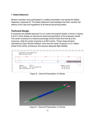 13
7. Safety Statement
All team members have participated in a safety presentation and signed the Safety
Statement, Appendix M. The Safety Statement acknowledges that each member will
adhere to the rules and regulations of all relevant governing bodies.
Technical Design
A proposed and detailed approach to our rocket and payload design is shown in figures
8 and 9, which display an internal and external presentation of the proposed vehicle.
The center of pressure is marked accordingly at 83.8 inches from the tip of the
nosecone, while the center of gravity is at 66.5 inches. These measurements,
calculated by Open Rocket software, show that the center of gravity is 4.31 caliber
ahead of the center of pressure; this assures adequate flight stability.
Figure 8 – Internal Presentation of Vehicle
Figure 9 – External Presentation of Vehicle
 