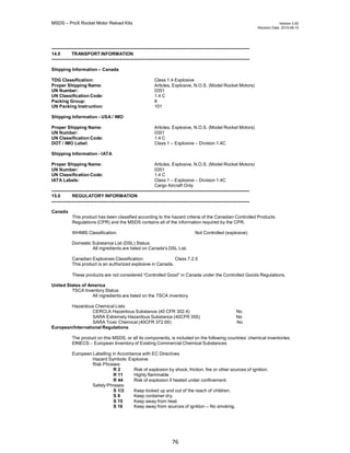 MSDS – ProX Rocket Motor Reload Kits Version 3.00
Revision Date. 2010-08-10
76
---------------------------------------------------------------------------------------------------------------------------------
14.0 TRANSPORT INFORMATION
---------------------------------------------------------------------------------------------------------------------------------
Shipping Information – Canada
TDG Classification: Class 1.4 Explosive
Proper Shipping Name: Articles, Explosive, N.O.S. (Model Rocket Motors)
UN Number: 0351
UN Classification Code: 1.4 C
Packing Group: II
UN Packing Instruction: 101
Shipping Information - USA / IMO
Proper Shipping Name: Articles, Explosive, N.O.S. (Model Rocket Motors)
UN Number: 0351
UN Classification Code: 1.4 C
DOT / IMO Label: Class 1 – Explosive – Division 1.4C
Shipping Information - IATA
Proper Shipping Name: Articles, Explosive, N.O.S. (Model Rocket Motors)
UN Number: 0351
UN Classification Code: 1.4 C
IATA Labels: Class 1 – Explosive – Division 1.4C
Cargo Aircraft Only
---------------------------------------------------------------------------------------------------------------------------------
15.0 REGULATORY INFORMATION
---------------------------------------------------------------------------------------------------------------------------------
Canada
This product has been classified according to the hazard criteria of the Canadian Controlled Products
Regulations (CPR) and the MSDS contains all of the information required by the CPR.
WHMIS Classification: Not Controlled (explosive)
Domestic Substance List (DSL) Status:
All ingredients are listed on Canada's DSL List.
Canadian Explosives Classification: Class 7.2.5
This product is an authorized explosive in Canada.
These products are not considered “Controlled Good” in Canada under the Controlled Goods Regulations.
United States of America
TSCA Inventory Status:
All ingredients are listed on the TSCA inventory.
Hazardous Chemical Lists
CERCLA Hazardous Substance (40 CFR 302.4) No
SARA Extremely Hazardous Substance (40CFR 355) No
SARA Toxic Chemical (40CFR 372.65) No
European/International Regulations
The product on this MSDS, or all its components, is included on the following countries’ chemical inventories:
EINECS – European Inventory of Existing Commercial Chemical Substances
European Labelling in Accordance with EC Directives
Hazard Symbols: Explosive.
Risk Phrases:
R 2 Risk of explosion by shock, friction, fire or other sources of ignition.
R 11 Highly flammable
R 44 Risk of explosion if heated under confinement.
Safety Phrases:
S 1/2 Keep locked up and out of the reach of children.
S 8 Keep container dry.
S 15 Keep away from heat.
S 16 Keep away from sources of ignition -- No smoking.
 