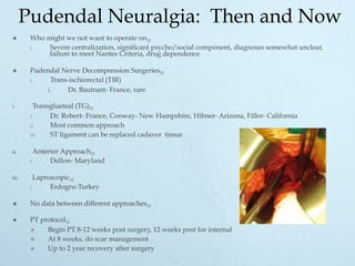 Pudendal Neuralgia: Then and Now
×  Who might we not want to operate on11
i.  Severe centralization, significant psycho/social component, diagnoses somewhat unclear,
failure to meet Nantes Criteria, drug dependence
×  Pudendal Nerve Decompression Surgeries11
i.  Trans-ischiorectal (TIR)
i.  Dr. Bautrant- France, rare
i.  Transglueteal (TG)11
i.  Dr. Robert- France, Conway- New Hampshire, Hibner- Arizona, Filler- California
ii.  Most common approach
iii.  ST ligament can be replaced cadaver tissue
ii.  Anterior Approach11
i.  Dellon- Maryland
iii.  Laproscopic11
i.  Erdogru-Turkey
×  No data between different approaches11
×  PT protocol11
×  Begin PT 8-12 weeks post surgery, 12 weeks post for internal
×  At 8 weeks, do scar management
×  Up to 2 year recovery after surgery
 