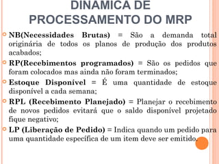 DINÂMICA DE
       PROCESSAMENTO DO MRP
 NB(Necessidades Brutas) = São a demanda total
  originária de todos os planos de produção dos produtos
  acabados;
 RP(Recebimentos programados) = São os pedidos que
  foram colocados mas ainda não foram terminados;
 Estoque Disponível = É uma quantidade de estoque
  disponível a cada semana;
 RPL (Recebimento Planejado) = Planejar o recebimento
  de novos pedidos evitará que o saldo disponível projetado
  fique negativo;
 LP (Liberação de Pedido) = Indica quando um pedido para
  uma quantidade específica de um item deve ser emitido.

                                                24
 