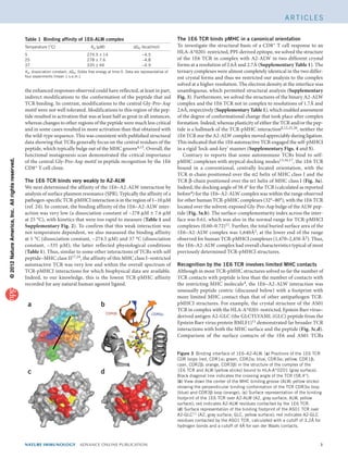 ©2012NatureAmerica,Inc.Allrightsreserved.
nature immunology  aDVANCE ONLINE PUBLICATION	 
A rt i c l e s
the enhanced responses observed could have reflected, at least in part,
indirect modifications to the conformation of the peptide that aid
TCR binding. In contrast, modifications to the central Gly-Pro-Asp
motif were not well tolerated. Modifications to this region of the pep-
tide resulted in activation that was at least half as great in all instances,
whereas changes to other regions of the peptide were much less critical
and in some cases resulted in more activation than that obtained with
the wild-type sequence. This was consistent with published structural
data showing that TCRs generally focus on the central residues of the
peptide, which typically bulge out of the MHC groove4,15. Overall, the
functional mutagenesis scan demonstrated the critical importance
of the central Gly-Pro-Asp motif in peptide recognition by the 1E6
CD8+ T cell clone.
The 1E6 TCR binds very weakly to A2-ALW
We next determined the affinity of the 1E6–A2-ALW interaction by
analysis of surface plasmon resonance (SPR). Typically the affinity of a
pathogen-specific TCR-pMHCI interaction is in the region of 1–10 µM
(ref. 24). In contrast, the binding affinity of the 1E6–A2-ALW inter-
action was very low (a dissociation constant of ~278 µM ± 7.6 µM
at 25 °C), with kinetics that were too rapid to measure (Table 1 and
Supplementary Fig. 2). To confirm that this weak interaction was
not temperature dependent, we also measured the binding affinity
at 5 °C (dissociation constant, ~274.5 µM) and 37 °C (dissociation
constant, ~335 µM); the latter reflected physiological conditions
(Table 1). Thus, similar to some other interactions of TCRs with self
peptide–MHC class II17,24, the affinity of this MHC class I–restricted
autoreactive TCR was very low and within the overall spectrum of
TCR-pMHCI interactions for which biophysical data are available.
Indeed, to our knowledge, this is the lowest TCR-pMHC affinity
recorded for any natural human agonist ligand.
The 1E6 TCR binds pMHC in a canonical orientation
To investigate the structural basis of a CD8+ T cell response to an
HLA-A*0201-restricted, PPI-derived epitope, we solved the structure
of the 1E6 TCR in complex with A2-ALW in two different crystal
forms at a resolution of 2.6Å and 2.7Å (Supplementary Table 1). The
ternary complexes were almost completely identical in the two differ-
ent crystal forms and thus we restricted our analysis to the complex
solved at a higher resolution. The electron density at the interface was
unambiguous, which permitted structural analysis (Supplementary
Fig. 3). Furthermore, we solved the structures of the binary A2-ALW
complex and the 1E6 TCR not in complex to resolutions of 1.7Å and
2.6Å, respectively (Supplementary Table 1), which enabled assessment
of the degree of conformational change that took place after complex
formation. Indeed, whereas plasticity of either the TCR and/or the pep-
tide is a hallmark of the TCR-pMHC interaction8,12,25,26, neither the
1E6 TCR nor the A2-ALW complex moved appreciably during ligation.
This indicated that the 1E6 autoreactive TCR engaged the self-pMHCI
in a rigid ‘lock-and-key’ manner (Supplementary Figs. 4 and 5).
Contrary to reports that some autoimmune TCRs bind to self-
pMHC complexes with atypical docking modes13,16,17, the 1E6 TCR
bound in a conventional, centrally located orientation, with the
TCR α-chain positioned over the α2 helix of MHC class I and the
TCR β-chain positioned over the α1 helix of MHC class I (Fig. 3a).
Indeed, the docking angle of 58.4° for the TCR (calculated as reported
before4) for the 1E6–A2-ALW complex was within the range observed
for other human TCR-pMHC complexes (32°–80°), with the 1E6 TCR
located over the solvent-exposed Gly-Pro-Asp bulge of the ALW pep-
tide (Fig. 3a,b). The surface-complementarity index across the inter-
face was 0.61, which was also in the normal range for TCR-pMHCI
complexes (0.60–0.72)11. Further, the total buried surface area of the
1E6–A2-ALW complex was 1,640Å2, at the lower end of the range
observed for human TCR-pMHCI complexes (1,470–2,450 Å2). Thus,
the 1E6–A2-ALW complex had overall characteristics typical of most
previously determined TCR-pMHCI structures.
Recognition by the 1E6 TCR involves limited MHC contacts
Although in most TCR-pMHC structures solved so far the number of
TCR contacts with peptide is less than the number of contacts with
the restricting MHC molecule4, the 1E6–A2-ALW interaction was
unusually peptide centric (discussed below) with a footprint with
more limited MHC contact than that of other antipathogen TCR-
pMHCI structures. For example, the crystal structure of the AS01
TCR in complex with the HLA-A*0201-restricted, Epstein Barr virus–
derived antigen A2-GLC (the GLCTLVAML (GLC) peptide from the
Epstein Barr virus protein BMLF1)11 demonstrated far broader TCR
interactions with both the MHC surface and the peptide (Fig. 3c,d).
Comparison of the surface contacts of the 1E6 and AS01 TCRs
Table 1  Binding affinity of 1E6-ALW complex
Temperature (°C) Kd (µM) ∆G0 (kcal/mol)
5 274.5 ± 14 −4.5
25 278 ± 7.6 −4.8
37 335 ± 44 −4.9
Kd, dissociation constant; ∆G0, Gibbs free energy at time 0. Data are representative of
four experiments (mean ± s.e.m.).
CDR3β CDR3α
Gly Asp
Pro
β2
β1
β3
α3
α2
α1
58.4°
a
c d
b
Figure 3  Binding interface of 1E6–A2-ALW. (a) Positions of the 1E6 TCR
CDR loops (red, CDR1α; green, CDR2α; blue, CDR3α; yellow, CDR1β;
cyan, CDR2β; orange, CDR3β) in the structure of the complex of the
1E6 TCR and ALW (yellow sticks) bound to HLA-A*0201 (gray surface).
Black diagonal line indicates the crossing angle of the TCR (58.4°).
(b) View down the center of the MHC binding groove (ALW; yellow sticks)
showing the perpendicular binding conformation of the TCR CDR3α loop
(blue) and CDR3β loop (orange). (c) Surface representation of the binding
footprint of the 1E6 TCR over A2-ALW (A2, gray surface; ALW, yellow
surface); red indicates A2-ALW residues contacted by the 1E6 TCR.
(d) Surface representation of the binding footprint of the AS01 TCR over
A2-GLC11 (A2, gray surface; GLC, yellow surface); red indicates A2-GLC
residues contacted by the AS01 TCR, calculated with a cutoff of 3.2Å for
hydrogen bonds and a cutoff of 4Å for van der Waals contacts.
 