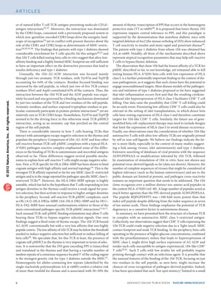 ©2012NatureAmerica,Inc.Allrightsreserved.
	 aDVANCE ONLINE PUBLICATION  nature immunology
A rt i c l e s
or of natural killer T cell TCR–antigen-presenting molecule CD1d–
antigen interactions32,33. Moreover, the interaction was dominated
by the CDR3 loops, consistent with a previously proposed system in
which non–germline-encoded CDR3 loops drive the energetic land-
scape of recognition34 yet in conflict with present theories about the
role of the CDR1 and CDR2 loops as determinants of MHC restric-
tion28,29,35,36. The findings that patients with type 1 diabetes showed
considerable enrichment for T cells specific for this antigen20,22 and
that 1E6 T cells killed resting beta cells in vitro suggest that ultra-low-
affinity binding and a highly limited MHC footprint are still sufficient
to have an important effect on the destructive processes that lead to
insulin deficiency and type 1 diabetes.
Unusually, the 1E6–A2-ALW interaction was focused mainly
through just two aromatic TCR residues, with Tyr97α and Trp97β
accounting for 64% of the contacts. Residue-focused binding was
mirrored by the self peptide, in which just two of five TCR contact
residues (Pro5 and Asp6) constituted 63% of the contacts. Thus, the
interaction between the 1E6 TCR and the ALW peptide was exqui-
sitely focused and was governed by a binding mechanism dominated
by just two residues of the TCR and two residues of the self peptide.
Aromatic residues, and surface-exposed tryptophan residues in par-
ticular, commonly participate in protein-protein interactions31 yet are
relatively rare in TCR CDR3 loops. Nonetheless, Tyr97α and Trp97β
seemed to be the driving force in this otherwise weak TCR-pMHCI
interaction, acting as an aromatic cap that perched on the central
region of the self peptide.
There is considerable interest in how T cells bearing TCRs that
interact with autoantigens escape negative selection in the thymus and
populate the periphery. Comparison of 1E6–A2-ALW and four other
self-reactive human TCR–self-pMHC complexes with a typical HLA-
A*0201 pathogen-reactive complex emphasized some of the differ-
ences in the binding of TCRs to autoimmune and microbial antigens
observed so far. These differences suggest several possible mecha-
nisms to explain how self-reactive T cells might escape negative selec-
tion. First, a TCR specific for HLA-DR4–MBP has been shown to bind
cognate antigen with high affinity and normal topology14. This is the
strongest TCR affinity reported so far for any MHC class II–restricted
antigen and is in the range reported for pathogen-­specific MHC class I–
restricted TCRs24. However, the HLA-DR4–MBP epitope is highly
unstable, which has led to the hypothesis that T cells responding to low
antigen densities in the thymus could receive a weak signal for posi-
tive selection, but then activate in response to higher antigen densities
in the periphery. Second, self-reactive TCR-pMHC complexes, such
as Ob.1A12–HLA-DR2a–MBP, 3A6–HLA-DR2–MBP and hy.1B11–
HLA-DQ–MBP, have unusual conformations relative to those of the
more conventional pathogen-specific TCR-pMHC interactions13,16,17.
Such unusual TCR–self-pMHC binding orientations may allow T cells
bearing these TCRs to bypass negative selection signals. Our own
findings suggest a third route of thymic escape. The 1E6 TCR bound
A2-ALW conventionally but with a very low affinity that was highly
peptide centric. The low affinity of 1E6 TCR may be below thethreshold
needed to induce negative selection but sufficient to induce killing of
beta cells20. We speculate that, for this TCR at least, the presence of
cognate self-pMHCI in the thymus is very important in terms of selec-
tion. It is noteworthy that the INS gene encoding PPI is transcribed
and translated in the thymus and that having a variable number of
tandem repeats of a consensus sequence located 5′ of the coding region
is the strongest genetic risk for type 1 diabetes outside the MHC37.
Homozygosity for alleles containing few repeats (identified by the
single-nucleotide polymorphism AA at rs689) confers a relative risk
of more than twofold for disease and is associated with 30–50% the
amount of thymic transcription of PPI that occurs in the homozygous
protective state (TT at rs689)38. It is proposed that lower thymic INS
expression impairs central tolerance to PPI, and this paradigm is
supported by the demonstration that nonobese diabetic mice with
targeted deletion of Ins2 (the mouse ortholog of INS) show enhanced
T cell reactivity to insulin and more rapid and penetrant disease39.
The patient with type 1 diabetes from whom 1E6 was obtained has
AA at rs689. Notably, all three of the mechanisms described above
represent atypical recognition parameters that may help self-reactive
T cells to bypass thymic deletion.
The observation that clone 1E6 had the lowest affinity of a TCR for
pMHC described so far, to our knowledge, yet remained able to kill
resting human HLA-A*0201 beta cells with low expression of HLA
class I, is a further potentially important finding in the context of dis-
ease pathogenesis, as it suggests that such clones have the potential to
engage nonconditioned targets. Most disease models of the pathogen-
esis and initiation of type 1 diabetes proposed so far have suggested
that islet inflammation occurs first and that the resulting cytokine-
induced islet hyperexpression of HLA class I facilitates CD8+ T cell
killing. Our data raise the possibility that CD8+ T cell killing could
be an early event. Preexisting low-affinity CD8+ T cells could also be
relevant in the setting of islet transplantation, in which donor beta
cells have resting expression of HLA class I and therefore constitute
targets for 1E6-like CD8+ T cells. Similarly, the future use of gene-
modified beta cell–replacement therapy may need to include designs
that limit the expression of HLA class I to avoid disease recurrence.
Finally, our observations raise the consideration of whether 1E6-like
autoreactive T cells with ultra-low-affinity TCRs are originally primed
by self or non-self ligands. We believe our findings indicate the lat-
ter is more likely, especially in the context of many studies suggest-
ing a link among viruses, islet autoimmunity and type 1 diabetes.
Extensive searching of databases of viral proteins with the sequence
ALWGPDPAAA or modifications tolerated by 1E6 TCR, followed
by examination of stimulation of 1E6 in vitro, have not shown any
potential virus-derived ligands so far (data not shown). However, the
number of complete sequences of viruses that might be considered of
highest relevance (such as the human enteroviruses) and are in the
public domain are limited at present, and pathogen cross-reactivity
remains an important question that needs to be addressed. The 1E6
clone recognizes over a million distinct ten–amino acid peptides in
the context HLA-A*0201 (ref. 40). A large number of peptides acted as
much better agonists than the PPI-derived peptide ALWGPDPAAA.
The peptide RQFGPDFPTI was 100-fold more potent than that
index self peptide despite differing from the index sequence at seven
of ten amino acids. These findings emphasize the potential of TCR
degeneracy as a causative factor in autoimmune disease.
In summary, we have presented here the structure of a human TCR
in complex with an autoreactive MHC class I–restricted antigen.
Collectively, our observations suggest that CD8+ T cells expressing the
1E6 TCR could evade negative selection due to a ‘light-touch’ MHC
contact footprint and weak TCR binding. In the periphery, beta cells
operating in the presence of higher glucose concentrations, combined
with the proinflammatory milieu that leads to hyperexpression of
MHC class I, might drive high surface expression of A2-ALW and
render such cells susceptible to antigen-experienced, 1E6-like CD8+
T cells20,41. Such T cells with low avidity for self probably require
priming through contact with an infectious agent. It is possible that
the unusual features of the binding of the 1E6 TCR, focusing on just
two residues in the self peptide, as seen here, might increase the
chances of cross-recognition of pathogen-derived peptides. Indeed,
it has been speculated that such ‘hot-spot mimicry’ limited to a small
 