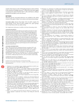 ©2012NatureAmerica,Inc.Allrightsreserved.
nature immunology  aDVANCE ONLINE PUBLICATION	 
A rt i c l e s
number of key features in the TCR-binding footprint could contribute
to the initiation of multiple sclerosis42. Collectively, these data suggest
a mechanism by which 1E6-like CD8+ T cells avoid thymic culling to
populate the periphery and cause disease.
Methods
Methods and any associated references are available in the online
version of the paper at http://www.nature.com/natureimmunology/.
Accession codes. Protein Data Bank: 1E6–A2-ALW complex (P1
space group), 3UTS; 1E6–A2-ALW complex (P21 space group),
3UTT; 1E6 TCR, 3UTP; A2-ALW, 3UTQ.
Note: Supplementary information is available on the Nature Immunology website.
Acknowledgments
We thank the staff at Diamond Light Source for facilities and support; M. Zhao
for help preparing human islets; and J. Todd for INS genotyping. Supported by
the Biotechnology and Biological Sciences Research Council (BB/H001085/1),
the Wellcome Trust (WT086716 to A.K.S.; WT079848 to L.W.; and WT095767
to D.K.C.), the Juvenile Diabetes Research Foundation (7-2005-877 and 1-2007-
1803 to M.P.; and 17-2009-806 to A.K.S., M.P., D.A.P. and A.S.), the European
Union Seventh Framework Programme (241447 NAIMIT), the National Institute
for Health Research Comprehensive Biomedical Research Center at Guy’s  St.
Thomas’ National Health Service Foundation Trust and King’s College London,
Research Councils UK (P.J.R.), the National Health and Medical Research Council
(J.R.), the Welsh Office of Research and Development (J.J.M.) and the Medical
Research Council (D.A.P.).
AUTHOR CONTRIBUTIONS
D.K.C., P.J.R., M.P. and A.K.S., leadership and project conception; D.K.C. and
A.M.B., crystallization and surface plasmon resonance studies; D.K.C., A.M.B.,
F.M., J.J.M., P.J.R. and A.F., data and crystal collection; D.K.C., S.G. and P.J.R.,
crystallographic analysis; A.S., J.W.D. and R.R.K., cell experiments; G.C.H.,
preparation of human islets; G.D., T cell culture; E.G., N.L. and P.E.M., cloning of the
1E6 TCR; D.K.C., A.K.S., M.P., P.J.R., J.J.M., J.R. and S.G., manuscript authorship;
L.W. and B.K.J., intellectual input; and A.K.S., M.P., D.A.P. and J.R., study funding.
COMPETING FINANCIAL INTERESTS
The authors declare no competing financial interests.
Published online at http://www.nature.com/natureimmunology/.	
Reprints and permissions information is available online at http://www.nature.com/
reprints/index.html.
1.	 Nejentsev, S. et al. Localization of type 1 diabetes susceptibility to the MHC class I
genes HLA-B and HLA-A. Nature 450, 887–892 (2007).
2.	 Wucherpfennig, K.W.  Sethi, D. T cell receptor recognition of self and foreign
antigens in the induction of autoimmunity. Semin. Immunol. 23, 84–91 (2011).
3.	 Kappler, J.W., Roehm, N.  Marrack, P. T cell tolerance by clonal elimination in
the thymus. Cell 49, 273–280 (1987).
4.	 Rudolph, M.G., Stanfield, R.L.  Wilson, I.A. How TCRs bind MHCs, peptides, and
coreceptors. Annu. Rev. Immunol. 24, 419–466 (2006).
5.	 Colf, L.A. et al. How a single T cell receptor recognizes both self and foreign MHC.
Cell 129, 135–146 (2007).
6.	 Feng, D., Bond, C.J., Ely, L.K., Maynard, J.  Garcia, K.C. Structural evidence for
a germline-encoded T cell receptor-major histocompatibility complex interaction
‘codon’. Nat. Immunol. 8, 975–983 (2007).
7.	 Sami, M. et al. Crystal structures of high affinity human T-cell receptors bound to
peptide major histocompatibility complex reveal native diagonal binding geometry.
Protein Eng. Des. Sel. 20, 397–403 (2007).
8.	 Borbulevych, O.Y. et al. T cell receptor cross-reactivity directed by antigen-dependent
tuning of peptide-MHC molecular flexibility. Immunity 31, 885–896 (2009).
9.	 Cole, D.K. et al. Germ line-governed recognition of a cancer epitope by an
immunodominant human T-cell receptor. J. Biol. Chem. 284, 27281–27289 (2009).
10.	Gras, S. et al. Structural bases for the affinity-driven selection of a public TCR
against a dominant human cytomegalovirus epitope. J. Immunol. 183, 430–437
(2009).
11.	Miles, J.J. et al. Genetic and structural basis for selection of a ubiquitous T cell
receptor deployed in epstein-barr virus infection. PLoS Pathog. 6, e1001198
(2010).
12.	Borbulevych, O.Y., Piepenbrink, K.H.  Baker, B.M. Conformational melding permits
a conserved binding geometry in TCR recognition of foreign and self molecular
mimics. J. Immunol. 186, 2950–2958 (2011).
13.	Sethi, D.K. et al. A highly tilted binding mode by a self-reactive T cell receptor
results in altered engagement of peptide and MHC. J. Exp. Med. 208, 91–102
(2011).
14.	Yin, Y., Li, Y., Kerzic, M.C., Martin, R.  Mariuzza, R.A. Structure of a TCR with
high affinity for self-antigen reveals basis for escape from negative selection. EMBO J.
30, 1137–1148 (2011).
15.	Godfrey, D.I., Rossjohn, J.  McCluskey, J. The fidelity, occasional promiscuity, and
versatility of T cell receptor recognition. Immunity 28, 304–314 (2008).
16.	Hahn, M., Nicholson, M.J., Pyrdol, J.  Wucherpfennig, K.W. Unconventional
topology of self peptide-major histocompatibility complex binding by a human
autoimmune T cell receptor. Nat. Immunol. 6, 490–496 (2005).
17.	Li, Y. et al. Structure of a human autoimmune TCR bound to a myelin basic protein
self-peptide and a multiple sclerosis-associated MHC class II molecule. EMBO J. 24,
2968–2979 (2005).
18.	Willcox, A., Richardson, S.J., Bone, A.J., Foulis, A.K.  Morgan, N.G. Analysis of
islet inflammation in human type 1 diabetes. Clin. Exp. Immunol. 155, 173–181
(2009).
19.	DiLorenzo, T.P.  Serreze, D.V. The good turned ugly: immunopathogenic basis for
diabetogenic CD8+ T cells in NOD mice. Immunol. Rev. 204, 250–263 (2005).
20.	Skowera, A. et al. CTLs are targeted to kill beta cells in patients with type 1 diabetes
through recognition of a glucose-regulated preproinsulin epitope. J. Clin. Invest. 118,
3390–3402 (2008).
21.	Foulis, A.K., Farquharson, M.A.  Meager, A. Immunoreactive α-interferon in
insulin-secreting beta cells in type 1 diabetes mellitus. Lancet 2, 1423–1427
(1987).
22.	Velthuis, J.H. et al. Simultaneous detection of circulating autoreactive CD8+ T-cells
specific for different islet cell-associated epitopes using combinatorial MHC
multimers. Diabetes 59, 1721–1730 (2010).
23.	Cole, D.K. et al. Modification of MHC anchor residues generates heteroclitic peptides
that alter TCR binding and T cell recognition. J. Immunol. 185, 2600–2610 (2010).
24.	Cole, D.K. et al. Human TCR-binding affinity is governed by MHC class restriction.
J. Immunol. 178, 5727–5734 (2007).
25.	Armstrong, K.M., Piepenbrink, K.H.  Baker, B.M. Conformational changes and
flexibility in T-cell receptor recognition of peptide-MHC complexes. Biochem. J. 415,
183–196 (2008).
26.	Tynan, F.E. et al. A T cell receptor flattens a bulged antigenic peptide presented
by a major histocompatibility complex class I molecule. Nat. Immunol. 8, 268–276
(2007).
27.	Tynan, F.E. et al. T cell receptor recognition of a ‘super-bulged’ major histocompatibility
complex class I-bound peptide. Nat. Immunol. 6, 1114–1122 (2005).
28.	Dai, S. et al. Crossreactive T Cells spotlight the germline rules for αβ T cell-receptor
interactions with MHC molecules. Immunity 28, 324–334 (2008).
29.	Wu, L.C., Tuot, D.S., Lyons, D.S., Garcia, K.C.  Davis, M.M. Two-step binding
mechanism for T-cell receptor recognition of peptide MHC. Nature 418, 552–556
(2002).
30.	Burrows, S.R. et al. Hard wiring of T cell receptor specificity for the major
histocompatibility complex is underpinned by TCR adaptability. Proc. Natl. Acad.
Sci. USA 107, 10608–10613 (2010).
31.	Pang, S.S. et al. The structural basis for autonomous dimerization of the pre-T-cell
antigen receptor. Nature 467, 844–848 (2010).
32.	Borg, N.A. et al. CD1d-lipid-antigen recognition by the semi-invariant NKT T-cell
receptor. Nature 448, 44–49 (2007).
33.	Godfrey, D.I. et al. Antigen recognition by CD1d-restricted NKT T cell receptors.
Semin. Immunol. 22, 61–67 (2010).
34.	Borg, N.A. et al. The CDR3 regions of an immunodominant T cell receptor dictate
the ‘energetic landscape’ of peptide-MHC recognition. Nat. Immunol. 6, 171–180
(2005).
35.	Garcia, K.C., Adams, J.J., Feng, D.  Ely, L.K. The molecular basis of TCR germline
bias for MHC is surprisingly simple. Nat. Immunol. 10, 143–147 (2009).
36.	Scott-Browne, J.P., White, J., Kappler, J.W., Gapin, L.  Marrack, P. Germline-
encoded amino acids in the αβ T-cell receptor control thymic selection. Nature 458,
1043–1046 (2009).
37.	Todd, J.A. et al. Robust associations of four new chromosome regions from genome-
wide analyses of type 1 diabetes. Nat. Genet. 39, 857–864 (2007).
38.	Pugliese, A. et al. The insulin gene is transcribed in the human thymus and
transcription levels correlated with allelic variation at the INS VNTR-IDDM2
susceptibility locus for type 1 diabetes. Nat. Genet. 15, 293–297 (1997).
39.	Thébault-Baumont, K. et al. Acceleration of type 1 diabetes mellitus in proinsulin
2-deficient NOD mice. J. Clin. Invest. 111, 851–857 (2003).
40.	Wooldridge, L. et al. A single autoimmune T-cell receptor recognizes over a million
different peptides. J. Biol. Chem. 287, 1168–1177 (2012).
41.	Foulis, A.K., Farquharson, M.A.  Hardman, R. Aberrant expression of class II major
histocompatibility complex molecules by B cells and hyperexpression of class I
major histocompatibility complex molecules by insulin containing islets in type 1
(insulin-dependent) diabetes mellitus. Diabetologia 30, 333–343 (1987).
42.	Harkiolaki, M. et al. T cell-mediated autoimmune disease due to low-affinity
crossreactivity to common microbial peptides. Immunity 30, 348–357 (2009).
 