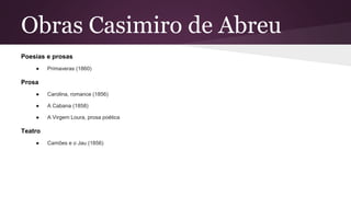 Obras Casimiro de Abreu
Poesias e prosas
● Primaveras (1860)
Prosa
● Carolina, romance (1856)
● A Cabana (1858)
● A Virgem Loura, prosa poética
Teatro
● Camões e o Jau (1856)
 
