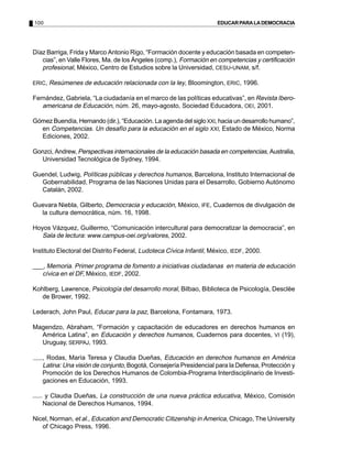 100                                                                   EDUCAR PARA LA DEMOCRACIA




Díaz Barriga, Frida y Marco Antonio Rigo, “Formación docente y educación basada en competen-
   cias”, en Valle Flores, Ma. de los Ángeles (comp.), Formación en competencias y certificación
   profesional, México, Centro de Estudios sobre la Universidad, CESU-UNAM, s/f.

ERIC, Resúmenes de educación relacionada con la ley, Bloomington, ERIC, 1996.

Fernández, Gabriela, “La ciudadanía en el marco de las políticas educativas”, en Revista Ibero-
   americana de Educación, núm. 26, mayo-agosto, Sociedad Educadora, OEI, 2001.

Gómez Buendía, Hernando (dir.), “Educación. La agenda del siglo XXI, hacia un desarrollo humano”,
  en Competencias. Un desafío para la educación en el siglo XXI, Estado de México, Norma
  Ediciones, 2002.

Gonzci, Andrew, Perspectivas internacionales de la educación basada en competencias, Australia,
  Universidad Tecnológica de Sydney, 1994.

Guendel, Ludwig, Políticas públicas y derechos humanos, Barcelona, Instituto Internacional de
  Gobernabilidad, Programa de las Naciones Unidas para el Desarrollo, Gobierno Autónomo
  Catalán, 2002.

Guevara Niebla, Gilberto, Democracia y educación, México, IFE, Cuadernos de divulgación de
  la cultura democrática, núm. 16, 1998.

Hoyos Vázquez, Guillermo, “Comunicación intercultural para democratizar la democracia”, en
   Sala de lectura: www.campus-oei.org/valores, 2002.

Instituto Electoral del Distrito Federal, Ludoteca Cívica Infantil, México, IEDF, 2000.

___, Memoria. Primer programa de fomento a iniciativas ciudadanas en materia de educación
   cívica en el DF, México, IEDF, 2002.

Kohlberg, Lawrence, Psicología del desarrollo moral, Bilbao, Biblioteca de Psicología, Desclèe
   de Brower, 1992.

Lederach, John Paul, Educar para la paz, Barcelona, Fontamara, 1973.

Magendzo, Abraham, “Formación y capacitación de educadores en derechos humanos en
  América Latina”, en Educación y derechos humanos, Cuadernos para docentes, VI (19),
  Uruguay, SERPAJ, 1993.

   , Rodas, María Teresa y Claudia Dueñas, Educación en derechos humanos en América
   Latina: Una visión de conjunto, Bogotá, Consejería Presidencial para la Defensa, Protección y
   Promoción de los Derechos Humanos de Colombia-Programa Interdisciplinario de Investi-
   gaciones en Educación, 1993.

   y Claudia Dueñas, La construcción de una nueva práctica educativa, México, Comisión
   Nacional de Derechos Humanos, 1994.

Nicel, Norman, et al., Education and Democratic Citizenship in America, Chicago, The University
   of Chicago Press, 1996.
 
