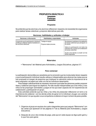 PREESCOLAR 2 / FICHERO DE ACTIVIDADES                                                                              83




                                         PROPUESTA DIDÁCTICA 9

                                                       Participo


                                                       Propósito

Se pretende que las alumnas y los alumnos reflexionen respecto a la necesidad de organizarse
para realizar tareas colectivas y proponer alternativas para ello.

                              Nociones, habilidades y actitudes a trabajar
        Nociones e información                   Habilidades y capacidades                 Actitudes

Comprende que la participación individual    Trabaja en equipo.              Se interesa en participar en la realización
contribuye a obtener mejores resultados en                                   de tareas colectivas que persiguen un
las acciones colectivas.                     Propone metas comunes.          fin común.

                                                                             Valora la participación de todos los
                                                                             miembros de un grupo en la realización
                                                                             de tareas colectivas.

                                                                             Ayuda a los demás a cumplir con las
                                                                             tareas asignadas.



                                                       Materiales

         • “Memorama” del Material para Actividades y Juegos Educativos, páginas 5-7.


                                                   Para comenzar

La participación democrática se caracteriza por la convicción que los involucrados tienen respecto
a que la participación individual resulta valiosa e indispensable para alcanzar las metas que se
han propuesto al margen de prejuicios que impliquen la valoración sobre la importancia de la
tarea asignada o el papel que cada uno de los individuos desempeña.
    Para trabajar colectivamente es necesario reconocer que todas las personas pueden proponer
ideas y colaborar para lograr los objetivos. Por ello resulta indispensable que a las niñas y a los
niños se les propongan actividades y juegos en los que sean capaces de vivir experiencias de
colaboración y participación en grupo.
    Esta actividad pretende que las niñas y los niños de preescolar reflexionen en torno a la
importancia de colaborar con los demás antes de ganar en lo individual, al jugar una variante
del “Memorama” en que ayuden a sus compañeros a obtener el mayor número de pares posible.


                                                          Inicio

      1. Organice al grupo en equipos de cuatro integrantes para que jueguen “Memorama” con
         las cartas que aparecen en las páginas 5-7 de su Material para Actividades y Juegos
         Educativos.

      2. Después de una o dos rondas de juego, pida que en cada equipo se diga quién ganó y
         lo que hizo para ganar.
 