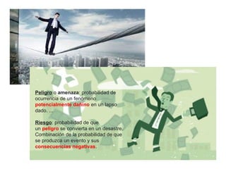 Peligro o amenaza: probabilidad de
ocurrencia de un fenómeno
potencialmente dañino en un lapso
dado. ...
Riesgo: probabilidad de que
un peligro se convierta en un desastre.
Combinación de la probabilidad de que
se produzca un evento y sus
consecuencias negativas.
 