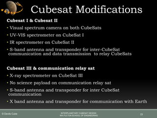 Cubesat Modifications
Cubesat I & Cubesat II
• Visual spectrum camera on both CubeSats
• UV-VIS spectrometer on CubeSat I
• IR spectrometer on CubeSat II
• S-band antenna and transponder for inter-CubeSat
communication and data transmission to relay CubeSats
Cubesat III & communication relay sat
• X-ray spectrometer on CubeSat III
• No science payload on communication relay sat
• S-band antenna and transponder for inter CubeSat
communication
• X band antenna and transponder for communication with Earth
23
INTERPLANETARY CUBESAT DESIGN
IRA FULTON SCHOOL OF ENGINEERING
© Devils Cube
 