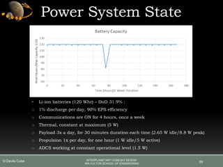 Power System State
69
• Li-ion batteries (120 Whr) – DoD 31.9% :
o 1% discharge per day, 90% EPS efficiency
o Communications are ON for 4 hours, once a week
o Thermal, constant at maximum (5 W)
o Payload 3x a day, for 30 minutes duration each time (2.65 W idle/8.8 W peak)
o Propulsion 1x per day, for one hour (1 W idle/5 W active)
o ADCS working at constant operational level (1.5 W)
INTERPLANETARY CUBESAT DESIGN
IRA FULTON SCHOOL OF ENGINEERING
© Devils Cube
 