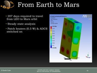 From Earth to Mars
• 207 days required to travel
from LEO to Mars orbit
• Steady state analysis
• Patch heaters (0.5 W) & ADCS
switched on
79
INTERPLANETARY CUBESAT DESIGN
IRA FULTON SCHOOL OF ENGINEERING
© Devils Cube
 