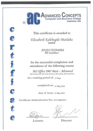 Ms Office 2007 Certificate
