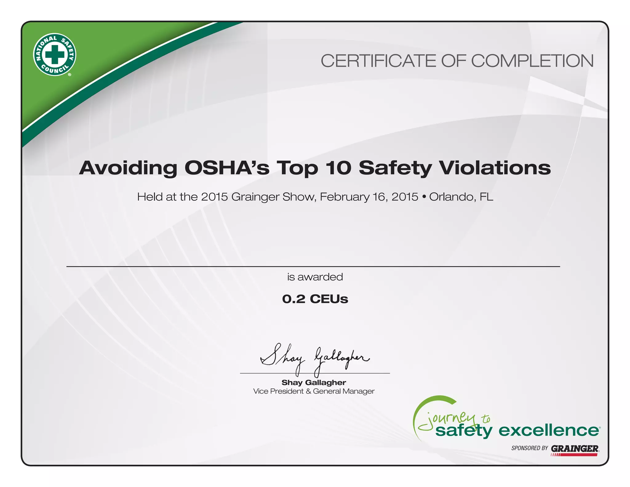 OSHA Certificate from Grainger | PDF