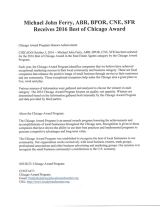 2016 - Best of Chicago Award in Real Estate