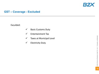 13
©B2XServiceSolutionsIndiaPvt.Ltd.ICompanyconfidential
GST – Coverage - Excluded
Exculded:
 Basic Customs Duty
 Entert...
