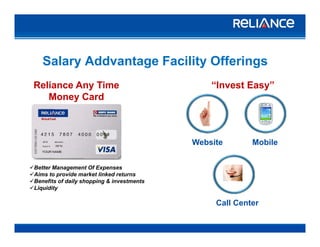 Salary Addvantage Facility Offerings
Reliance Any Time
Money Card
“Invest Easy”
Website Mobile
Better Management Of Expenses
Call Center
g p
Aims to provide market linked returns
Benefits of daily shopping & investments
Liquidity
A R C
Call Center
 
