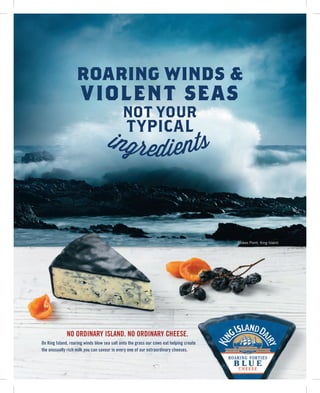 NO ORDINARY ISLAND. NO ORDINARY CHEESE.
On King Island, roaring winds blow sea salt onto the grass our cows eat helping create
the unusually rich milk you can savour in every one of our extraordinary cheeses.
Stokes Point, King Island
ROARING WINDS &
VIOLENT SEAS
NOT YOUR
TYPICAL
ingredients
 