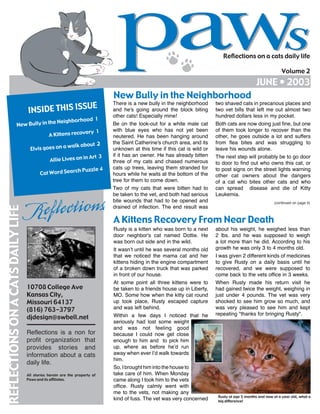 JUNE • 2003
REFLECTIONSONACATSDAILYLIFE
Reflections on a cats daily life
Volume 2
10708 College Ave
Kansas City,
Missouri 64137
(816) 763-3797
djdesign@swbell.net
Reflections is a non for
profit organization that
provides stories and
information about a cats
daily life.
All stories herein are the property of
Paws and its affiliates.
Rusty is a kitten who was born to a next
door neighbor's cat named Dottie. He
was born out side and in the wild.
It wasn’t until he was several months old
that we noticed the mama cat and her
kittens hiding in the engine compartment
of a broken down truck that was parked
in front of our house.
At some point all three kittens were to
be taken to a friends house up in Liberty,
MO. Some how when the kitty cat round
up took place, Rusty escaped capture
and was left behind.
Within a few days I noticed that he
seriously had lost some weight
and was not feeling good
because I could now get close
enough to him and to pick him
up, where as before he’d run
away when ever I’d walk towards
him.
So, I brought him into the house to
take care of him. When Monday
came along I took him to the vets
office. Rusty calmly went with
me to the vets, not making any
kind of fuss. The vet was very concerned
about his weight, he weighed less than
2 lbs. and he was supposed to weigh
a lot more than he did. According to his
growth he was only 3 to 4 months old.
I was given 2 different kinds of medicines
to give Rusty on a daily basis until he
recovered, and we were supposed to
come back to the vets office in 3 weeks.
When Rusty made his return visit he
had gained twice the weight, weighing in
just under 4 pounds. The vet was very
shocked to see him grow so much, and
was very pleased to see him and kept
repeating "thanks for bringing Rusty".
INSIDE THIS ISSUE
New Bully in the Neighborhood 1
A Kittens recovery 1
Elvis goes on a walk about 2
Allie Lives on in Art 3
Cat Word Search Puzzle 4
There is a new bully in the neighborhood
and he's going around the block biting
other cats! Especially mine!
Be on the look-out for a white male cat
with blue eyes who has not yet been
neutered. He has been hanging around
the Saint Catherine's church area, and its
unknown at this time if this cat is wild or
if it has an owner. He has already bitten
three of my cats and chased numerous
cats up trees, leaving them stranded for
hours while he waits at the bottom of the
tree for them to come down.
Two of my cats that were bitten had to
be taken to the vet, and both had serious
bite wounds that had to be opened and
drained of infection. The end result was
two shaved cats in precarious places and
two vet bills that left me out almost two
hundred dollars less in my pocket.
Both cats are now doing just fine, but one
of them took longer to recover than the
other, he goes outside a lot and suffers
from flea bites and was struggling to
leave his wounds alone.
The next step will probably be to go door
to door to find out who owns this cat, or
to post signs on the street lights warning
other cat owners about the dangers
of a cat who bites other cats and who
can spread disease and die of Kitty
Leukemia.
A Kittens Recovery From Near Death
Rusty at age 5 months and now at a year old, what a
big difference!
(continued on page 4)
New Bully in the Neighborhood
 