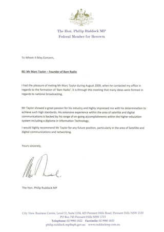 Philip Ruddock MP Reference - Marc Taylor 