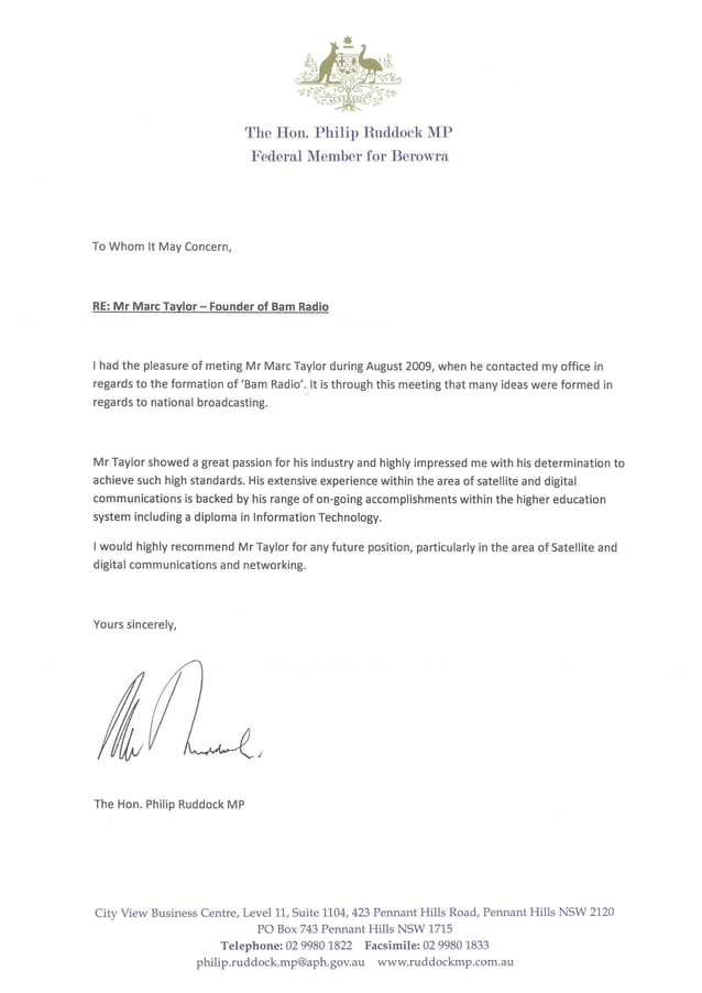 Philip Ruddock MP Reference - Marc Taylor | PDF