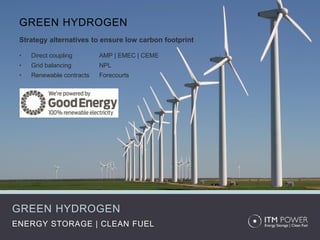 ENERGY STORAGE | CLEAN FUEL
GREEN HYDROGEN
GREEN HYDROGEN
Strategy alternatives to ensure low carbon footprint
• Direct coupling AMP | EMEC | CEME
• Grid balancing NPL
• Renewable contracts Forecourts
 