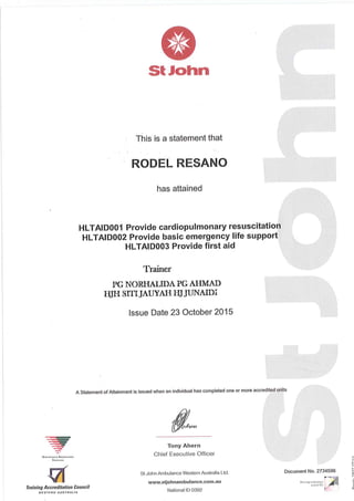 FIRST AID CERTIFICATE -Rodel