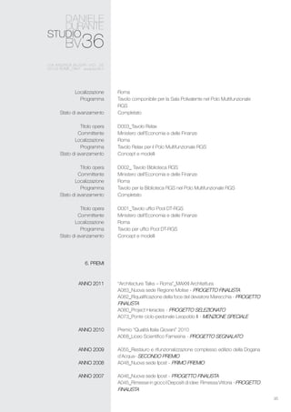 35
Roma
Tavolo componibile per la Sala Polivalente nel Polo Multifunzionale
RGS
Completato
D003_Tavolo Relax
Ministero dell’Economia e delle Finanze
Roma
Tavolo Relax per il Polo Multifunzionale RGS
Concept e modelli
D002_ Tavolo Biblioteca RGS
Ministero dell’Economia e delle Finanze
Roma
Tavolo per la Biblioteca RGS nel Polo Multifunzionale RGS
Completato
D001_Tavolo uffici Pool DT-RGS
Ministero dell’Economia e delle Finanze
Roma
Tavolo per uffici Pool DT-RGS
Concept e modelli
“Architecture Talks – Roma”_MAXXI Architettura
A083_Nuova sede Regione Molise - Progetto finalista
A082_Riqualificazione della foce del deviatore Marecchia - Progetto
finalista
A080_Project Heracles - Progetto selezionato
A073_Ponte ciclo-pedonale Leopoldo II - Menzione speciale
Premio “Qualità Italia Giovani” 2010
A068_Liceo Scientifico Farnesina - Progetto segnalato
A055_Restauro e rifunzionalizzazione complesso edilizio della Dogana
d’Acqua- Secondo premio
A048_Nuova sede Ipost - Primo premio
A046_Nuova sede Ipost - PROGETTO FINALISTA
A045_Rimesse in gioco I Depositi di idee: Rimessa Vittoria - PROGETTO
FInalista
Localizzazione
Programma
Stato di avanzamento
Titolo opera
Committente
Localizzazione
Programma
Stato di avanzamento
Titolo opera
Committente
Localizzazione
Programma
Stato di avanzamento
Titolo opera
Committente
Localizzazione
Programma
Stato di avanzamento
6. PREMI
ANNO 2011
ANNO 2010
ANNO 2009
ANNO 2008
ANNO 2007
 