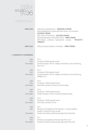 36
A038_“Parco della Memoria” - menzione d’onore
A034_Riqualificazione Urbana del Centro Storico di Conversano -
secondo premio
A031_Torre di Porta Nuova - secondo premio
A028_Riqualificazione Piazza Attilio Pecile - primo premio
A027_Museo preistorico GyeongGi-Do Jeongok - progetto
premiato
A005_Complesso Didattico Universitario - primo premio
2014
Conferenza “BV36 selected works”
Cornell University in Rome, College of Architecture, Art and Planning_
FALL 2014
2014
Conferenza “BV36 selected works”
Cornell University in Rome, College of Architecture, Art and Planning_
SPRING 2014
2013
Conferenza “BV36 selected works”
Iowa State University of Science and Technology
2013
Conferenza “BV36 selected works”
Temple University in Rome, Architectural Design Studio
2012
Conferenza “BV36 selected works”
Ohio State University in Rome
2011
Workshop di Progettazione Internazionale: “Lo spazio pubblico:
progetto e identità del vivere sociale”
Facoltà di Architettura dell’Università degli Studi di RomaTre
2011
Workshop di progettazione Internazionale “Roma 3.0”
Facoltà di Architettura dell’Università degli Studi di RomaTre
ANNO 2006
ANNO 2003
7. Workshop e conferenze
Data
Titolo
Ente titolare
Data
Titolo
Ente titolare
Data
Titolo
Ente titolare
Data
Titolo
Ente titolare
Data
Titolo
Ente titolare
Data
Titolo
Ente titolare
Data
Titolo
Ente titolare
 
