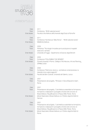 37
2011
Conferenza “BV36 selected works”
Facoltà di Architettura dell’Università degli Studi di RomaTre
2011
Conferenza “Architecture Talks-Roma” - “BV36 selected works”
MAXXI Architettura
2009
Workshop “Tecnologie innovative per la produzione di vegetali
essiccati e semidry”
Università di Foggia - Dipartimento di Scienze degli Alimenti
2009
Conferenza “FOLLOWING THE SENSES”
Cornell University in Rome, College of Architecture, Art and Planning_
SPRING 2009
2008
Conferenza “Patrimonio storico e architettura contemporanea: la
diversità come valore aggiunto”
Facoltà dei Beni Culturali, Università del Salento, Lecce
2007
Presentazione del progetto, “Rimesse in Gioco/Depositi di idee”,
Roma
2007
Presentazione del progetto, “L’architettura sostenibile tra formazione,
formazione e realizzazioni”_Il progetto vincitore del concorso di
Bioarchtiettura: Riqualificazione di Piazza Attilio Pecile, Roma
Istituto Nazionale di Bioarchitettura con l’Ordine degli Architetti di
Genova
2007
Presentazione del progetto, “L’architettura sostenibile tra formazione,
formazione e realizzazioni”_Il progetto vincitore del concorso di
Bioarchtiettura: Riqualificazione di Piazza Attilio Pecile, Roma
Istituto Nazionale di Bioarchitettura con l’Ordine degli Architetti di
Roma
Data
Titolo
Ente titolare
Data
Titolo
Ente titolare
Data
Titolo
Ente titolare
Data
Titolo
Ente titolare
Data
Titolo
Ente titolare
Data
Titolo
Data
Titolo
Ente titolare
Data
Titolo
Ente titolare
 