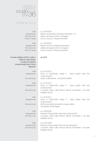 5
a.a. 2004/2005
Modulo nel Laboratorio di Disegno Industriale 4 - D
Abitare nello spazio minimo: il bungalow
Corso di Laurea in “Disegno Industriale”
a.a. 2003/2004
Modulo nel Corso di Disegno Industriale 2
Abitare nello spazio minimo: il bungalow
Corso di Laurea in “Disegno Industriale”
dal 2008
a.a. 2013/2014
Corso di “Urban/Public design I° - Spazi pubblici nella città
contemporanea”
Spazio multifunzionale - ex bookstore MAXXi
a.a. 2012/2013
Corso di “Urban/Public design I° - Spazi pubblici nella città
contemporanea”
Il recupero urbano della Porticus Minucia Frumentaria in Via delle
Botteghe Oscure
a.a. 2010/2011
Corso di “Urban/Public design I° - Spazi pubblici nella città
contemporanea”
EUR: la promenade del sistema museale urbano
Via Stendhal-Via Montaigne
a.a. 2008/2009
Workshop “Spazi pubblici nella città contemporanea”
Il recupero urbano della Porticus Minucia Frumentaria in Via delle
Botteghe Oscure
a.a. 2007/2008
Workshop “Spazi pubblici nella città contemporanea”
Il recupero urbano della Porticus Minucia Frumentaria in Via delle
Botteghe Oscure
Data
Insegnamento
Tema del corso
Corso di laurea
Data
Insegnamento
Tema del corso
Corso di laurea
Docente al Master di Primo Livello in
“Exhibit & Public Design”
Facoltà di Architettura
Università degli Studi di Roma
“Sapienza”
Data
Insegnamento
Tema del corso
Data
Insegnamento
Tema del corso
Data
Insegnamento
Tema del corso
Data
Insegnamento
Tema del corso
Data
Insegnamento
Tema del corso
 