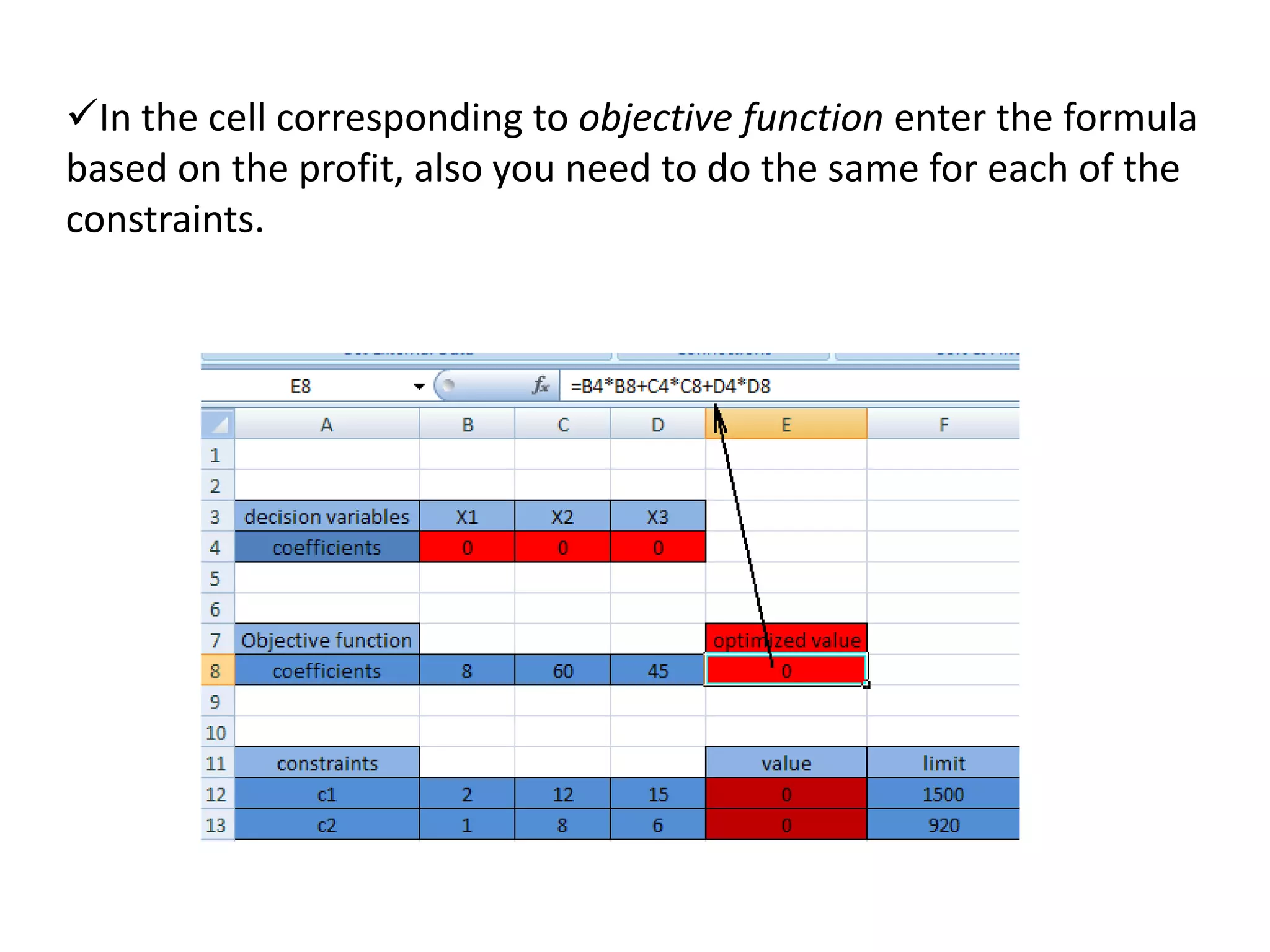 In the cell corresponding to objective function enter the formula
based on the profit, also you need to do the same for each of the
constraints.
 
