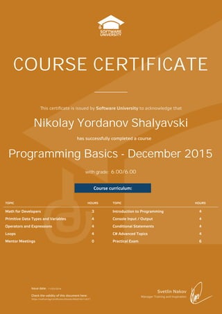 is certiﬁcate is issued by Software University to acknowledge that
Svetlin Nakov
Manager Training and Inspiration
Issue date:
Check the validity of this document here:
has successfully completed a course
with grade:
COURSE CERTIFICATE
Course curriculum:
TOPIC HOURS TOPIC HOURS
Math for Developers 3 Introduction to Programming 4
Primitive Data Types and Variables 4 Console Input / Output 4
Operators and Expressions 4 Conditional Statements 4
Loops 4 C# Advanced Topics 4
Mentor Meetings 0 Practical Exam 6
Programming Basics - December 2015
Nikolay Yordanov Shalyavski
11/03/2016
https://softuni.bg/Certificates/Details/8560/5b71e071
6.00/6.00
 