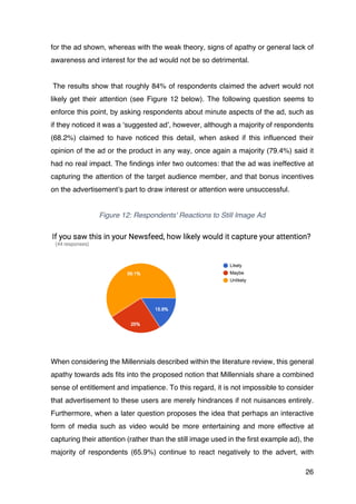 26
for the ad shown, whereas with the weak theory, signs of apathy or general lack of
awareness and interest for the ad would not be so detrimental.
The results show that roughly 84% of respondents claimed the advert would not
likely get their attention (see Figure 12 below). The following question seems to
enforce this point, by asking respondents about minute aspects of the ad, such as
if they noticed it was a ‘suggested ad’, however, although a majority of respondents
(68.2%) claimed to have noticed this detail, when asked if this influenced their
opinion of the ad or the product in any way, once again a majority (79.4%) said it
had no real impact. The findings infer two outcomes: that the ad was ineffective at
capturing the attention of the target audience member, and that bonus incentives
on the advertisement’s part to draw interest or attention were unsuccessful.
Figure 12: Respondents' Reactions to Still Image Ad
When considering the Millennials described within the literature review, this general
apathy towards ads fits into the proposed notion that Millennials share a combined
sense of entitlement and impatience. To this regard, it is not impossible to consider
that advertisement to these users are merely hindrances if not nuisances entirely.
Furthermore, when a later question proposes the idea that perhaps an interactive
form of media such as video would be more entertaining and more effective at
capturing their attention (rather than the still image used in the first example ad), the
majority of respondents (65.9%) continue to react negatively to the advert, with
 