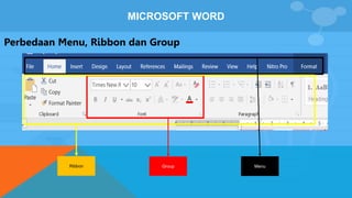 MICROSOFT WORD
Perbedaan Menu, Ribbon dan Group
Ribbon Group Menu
 