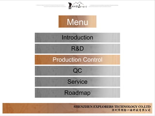 Menu
Introduction
R&D
Production Control
QC
Service
Roadmap
 